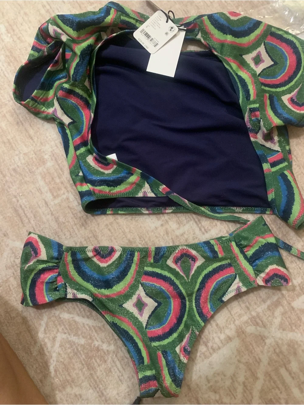 Free People Multicolor Patterned Crop Bikini Set - Green Pink Blue retail $225